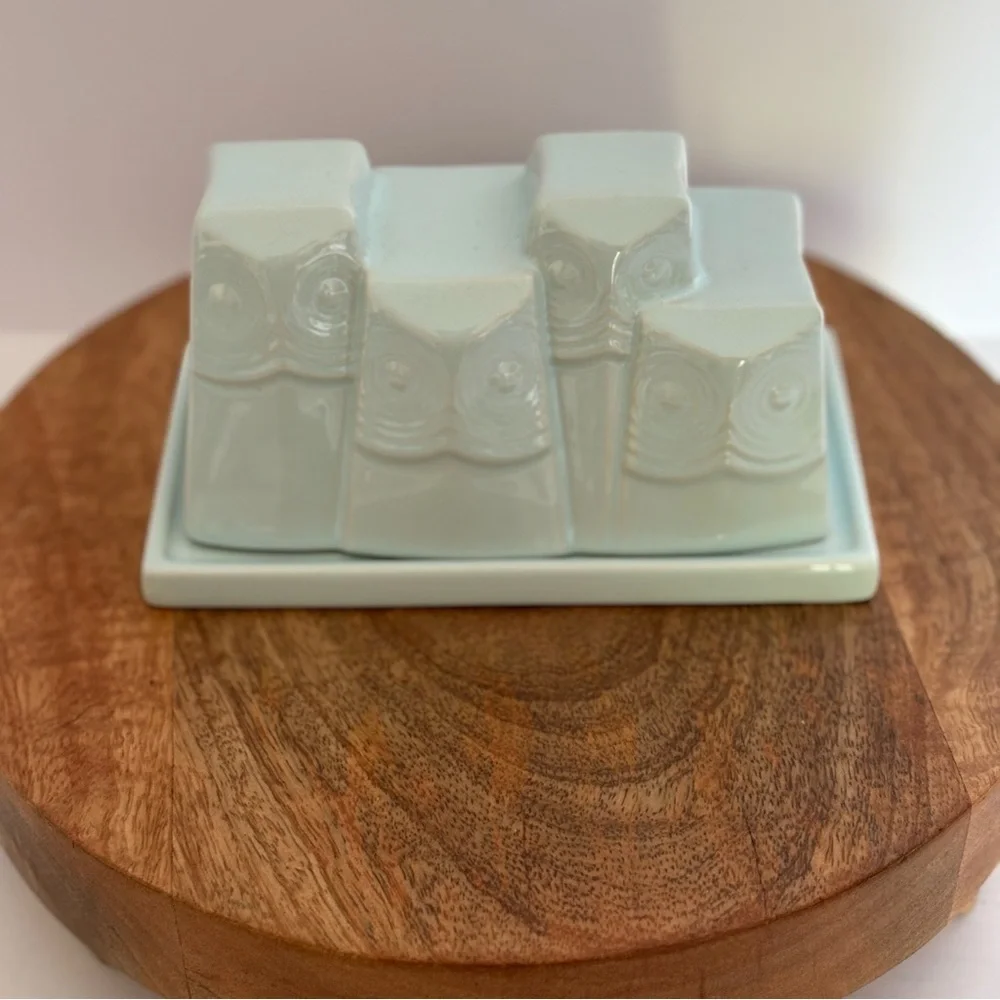 West Elm Owl Butter Dish Light Turquoise Blue